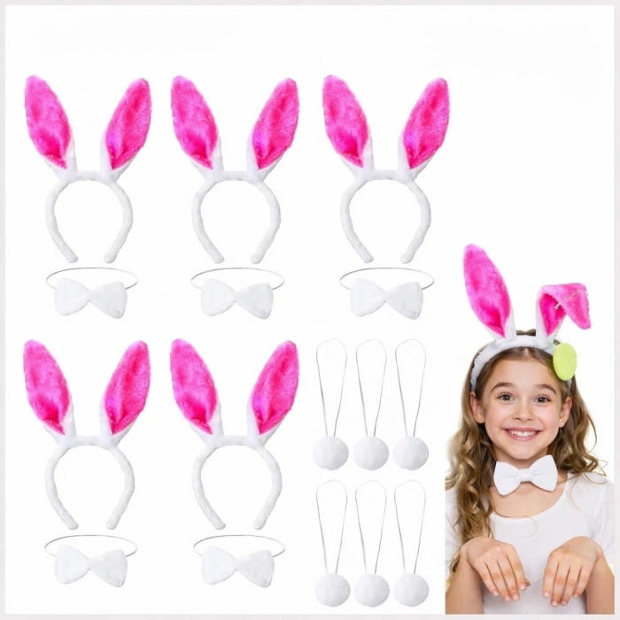 Şeker Pembesi Tavşan Sahne Seti (6lı Set - Taç, Papyon, Kuyruk)