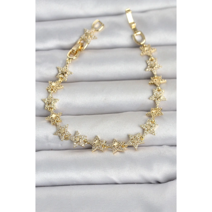 Sıralı Yıldız Model Zirkon Taşlı Gold Renk Pirinç Kadın Bileklik