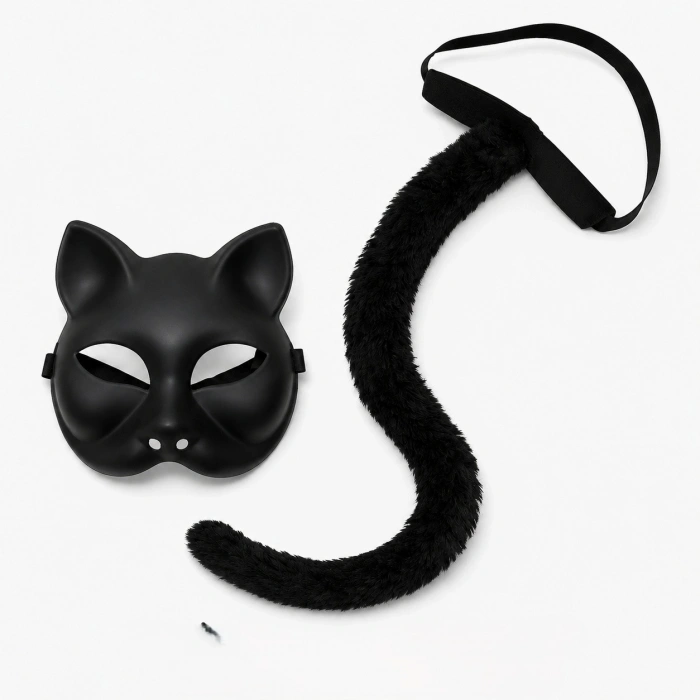 Siyah Kedi Maskesi + Peluş Kuyruk Kostüm Seti (70 cm)