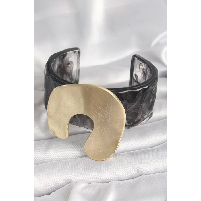 Siyah Mermer Desen Akrilik Plastik Gold Nal Model Plaka Vintage Kadın Bilezik