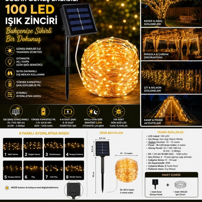 Solar 100 LED Işık Zinciri (Gün Işığı)