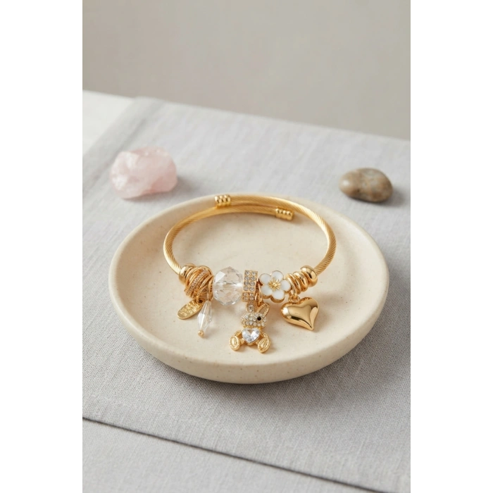 Tavşan Model Gold Renk Beyaz Charmlı Bileklik
