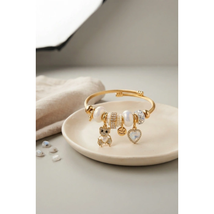 Tedy Bear Model Gold Renk Beyaz Charmlı Bileklik