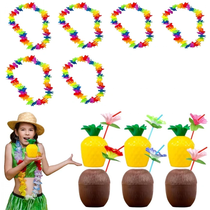 Tropikal Hawaii Parti Malzemeleri – Kolye, Pipet, Bardak Seti