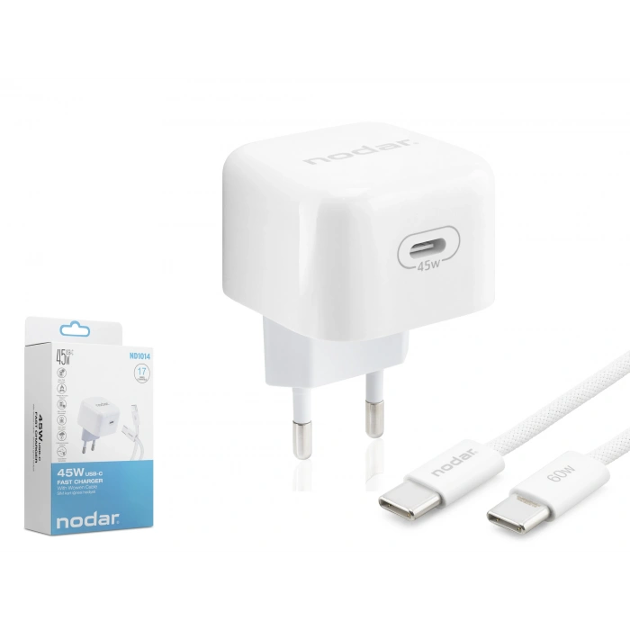 Type-c Hızlı Şarj Seti (45W, Type-c Adaptör, 1 Mt Örgülü Kablo, Beyaz - ND1014)