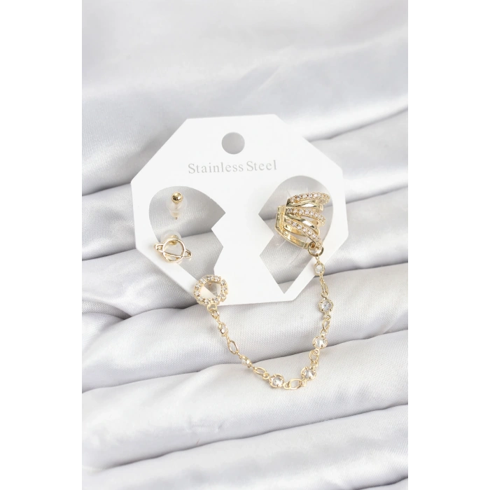 Uzay Model Pirinç Gold Renk Zincir Bağlantılı Ear Cuff Küpe Seti