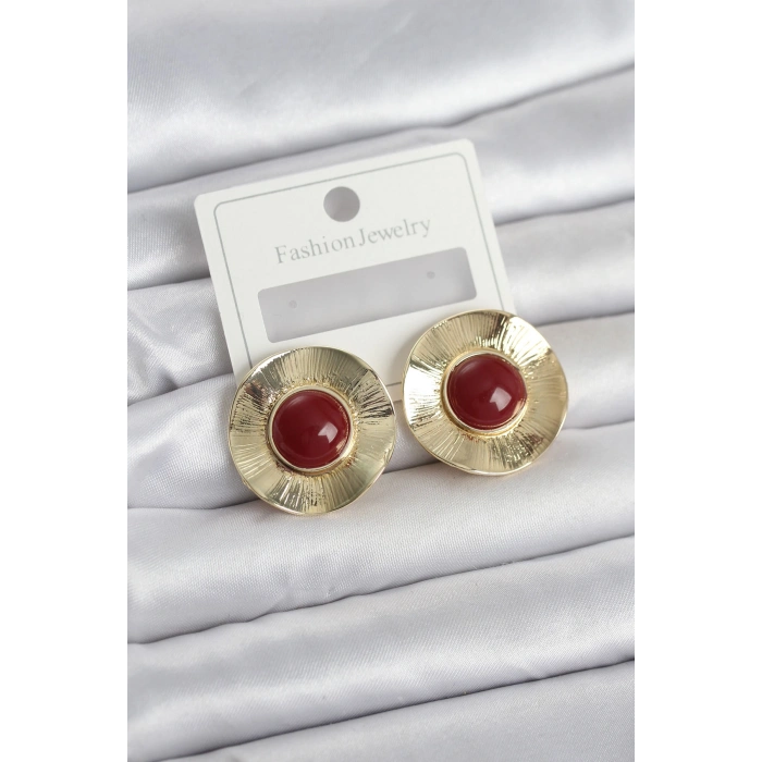 Vintage Model Bordo Gold Renk Pirinç Kadın Küpe