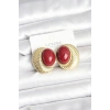 Pirinç Gold Renk Bordo Boncuklu Oval Vintage Kadın Küpe