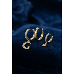 3 lü Ay ve Yıldız Model Gold Renk Set Küpe