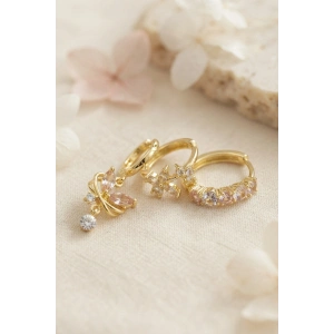 3 lü Set Gold Renk Zirkon Taşlı Kelebek Model Küpe