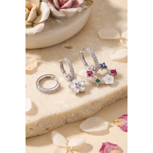 3 lü Set Gümüş Renk Çiçek Model Küpe