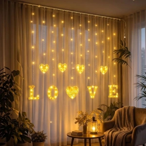 3 Metre Perde Led Işık (8 Modlu, Kalp ve LOVE Figürlü, Animasyonlu)