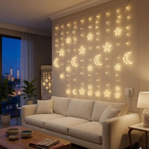 3x3 Metre Perde LED Işık Zinciri (Yıldız ve Ay Figürlü, Sarı Işık, Uç Uca Eklenebilir)