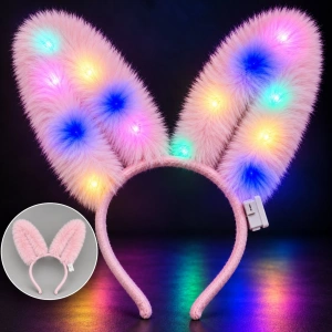 Pembe Peluş Tavşan Kulağı Taç (3 Mod, LED Işık)
