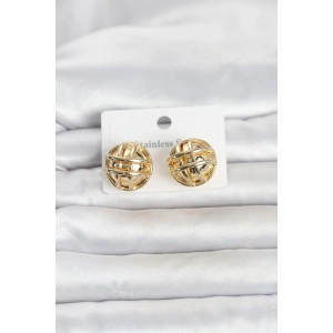 316L Çelik Gold Renk Desenli Top Model Kadın Küpe