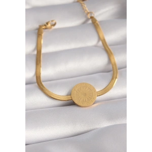 316L Çelik Gold Renk İtalyan Zincir Model İşlemeli Madalyon Figür Kadın Bileklik