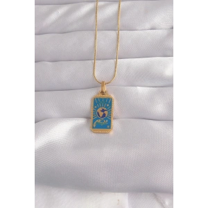 316L Çelik Gold Renk Mavi Mineli El Figür Tarot Kolye