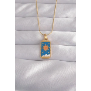 316L Çelik Gold Renk Mavi Mineli Güneş Model Tarot Kolye
