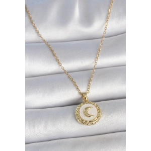 316L Çelik Gold Renk Zincir Beyaz Mineli Hilal İşlemeli Madalyon Model Kadın Kolye