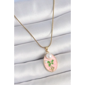 316L Çelik Gold Renk Zincir Pembe Mineli Oval İncili Çiçek İşlemeli Portre Model Kadın Kolye