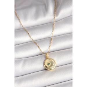 316L Çelik Gold Renk Zincir Zirkon Taş İşlemeli Hilal Yıldız İşlemeli Madalyon Model Kadın Kolye