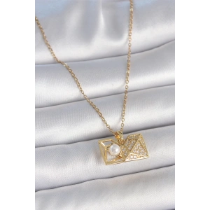 316L Çelik Gold Renk Zincir Zirkon Taşlı Açılır İncili Elmas Model Kadın Kolye