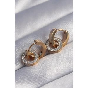 316L Çelik Gold Renk Zirkon Taşlı İç İçe Geçmeli Oval Küpe