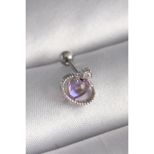 316L Çelik Gümüş Renk Mor Mineli Kalp Zirkon Taş Detay Tragus Piercing