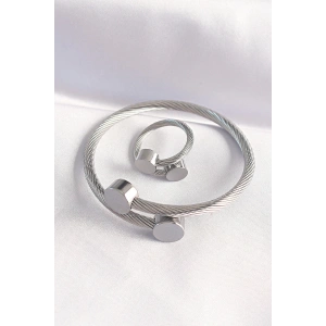 316L Çelik Gümüş Renk Oval Aksesuarlı Burgu Model Bileklik ve Yüzük Kombini
