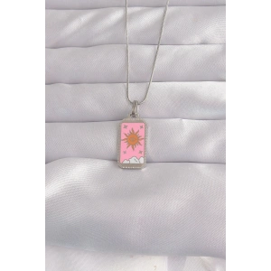 316L Çelik Gümüş Renk Pembe Mineli Güneş Model Tarot Kolye