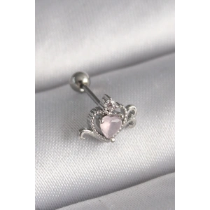 316L Çelik Gümüş Renk Pembe Mineli Kalp Zirkon Taş Detay Tragus Piercing