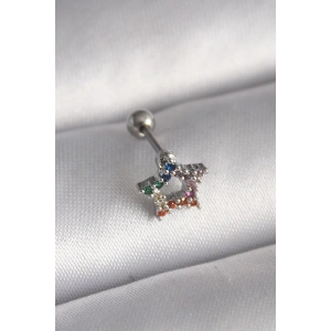 316L Çelik Gümüş Renk Renkli Zirkon Taşlı Yıldız Model Tragus Piercing