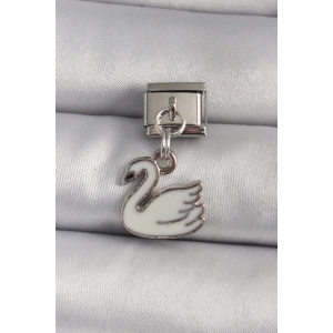 316L Çelik Gümüş Renk Sallantı Beyaz Kuğu Model Nomination Charm
