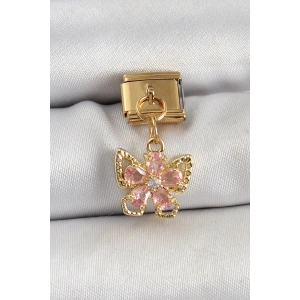 316L Çelik Sallantılı Zirkon Taşlı Çiçek Figürlü Kelebek Model Gold Renk Nomination Charm