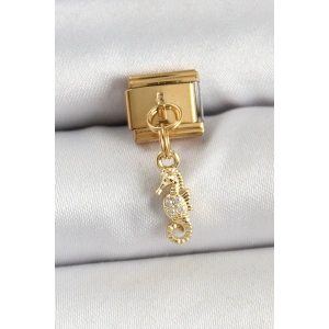 316L Çelik Sallantılı Zirkon Taşlı Deniz Atı Model Gold Renk Nomination Charm