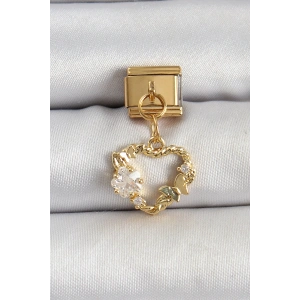 316L Çelik Sallantılı Zirkon Taşlı Kalp Model Gold Renk Nomination Charm