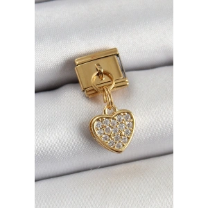 316L Çelik Sallantılı Zirkon Taşlı Kalp Model Gold Renk Nomination Charm