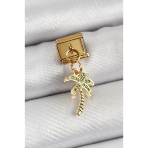 316L Çelik Sallantılı Zirkon Taşlı Palmiye Ağacı Model Gold Renk Nomination Charm