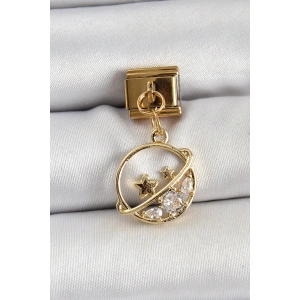316L Çelik Sallantılı Zirkon Taşlı Satürn Model Gold Renk Nomination Charm