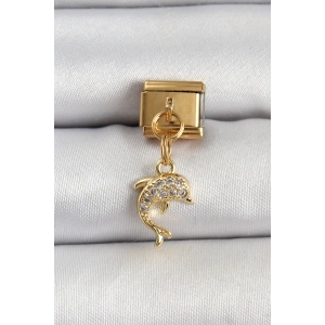 316L Çelik Sallantılı Zirkon Taşlı Yunus Balığı Model Gold Renk Nomination Charm