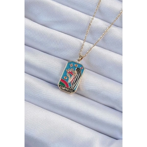 316L Çelik Zincir Altın Renk Taç ve Kız Figürlü Renkli Mineli Tarot Kolye