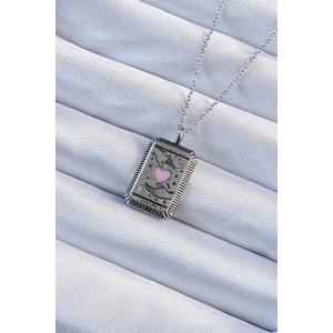 316L Çelik Zincir Eskitme Gümüş Renk Pembe Mineli Kalp Figürlü Tarot Kolye