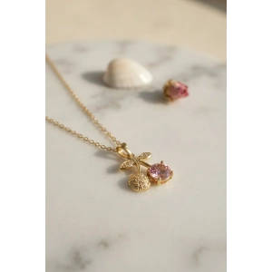 316L Çelik Zincir Gold Renk Pembe Kiraz Model Kolye