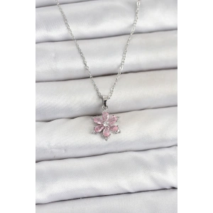 316L Çelik Zincir Gümüş Renk Pembe Zirkon Taşlı Lotus Model Kadın Kolye
