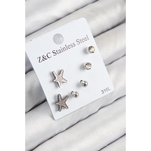 316L Çelik Zirkon Taşlı Deniz Yıldızı Model Gümüş Renk Kadın Set Küpe