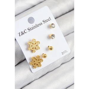 316L Çelik Zirkon Taşlı Kar Tanesi Model Gold Renk Kadın Set Küpe