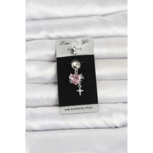316L Cerrahi Çelik Pembe Zirkon Taşlı Model Göbek Piercing