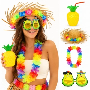 4 Parça Hawaii Parti Seti (Ananas Bardak +Hasır Şapka +Avokado Gözlük +Çiçek Kolye)