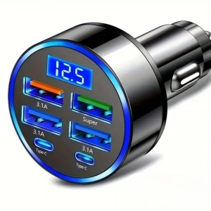 6 Portlu Hızlı Araç Şarj Cihazı (4 USB, 2 Type-C Çıkış,Dijital Gösterge)