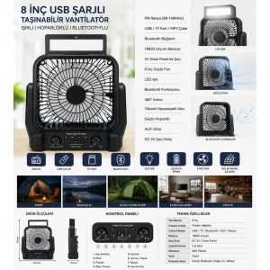 8 inç Solar Kamp Vantilatörü (FM Radyo, Bluetooth Hoparlör, LED Işık, PD950)